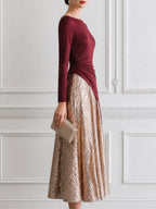 Elegant Draped Bodice Color-Block Sequin Midi Dress