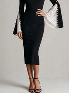 Elegant High Neck Lace Bell Sleeve Pencil And Pearl Embellished Midi Dress
