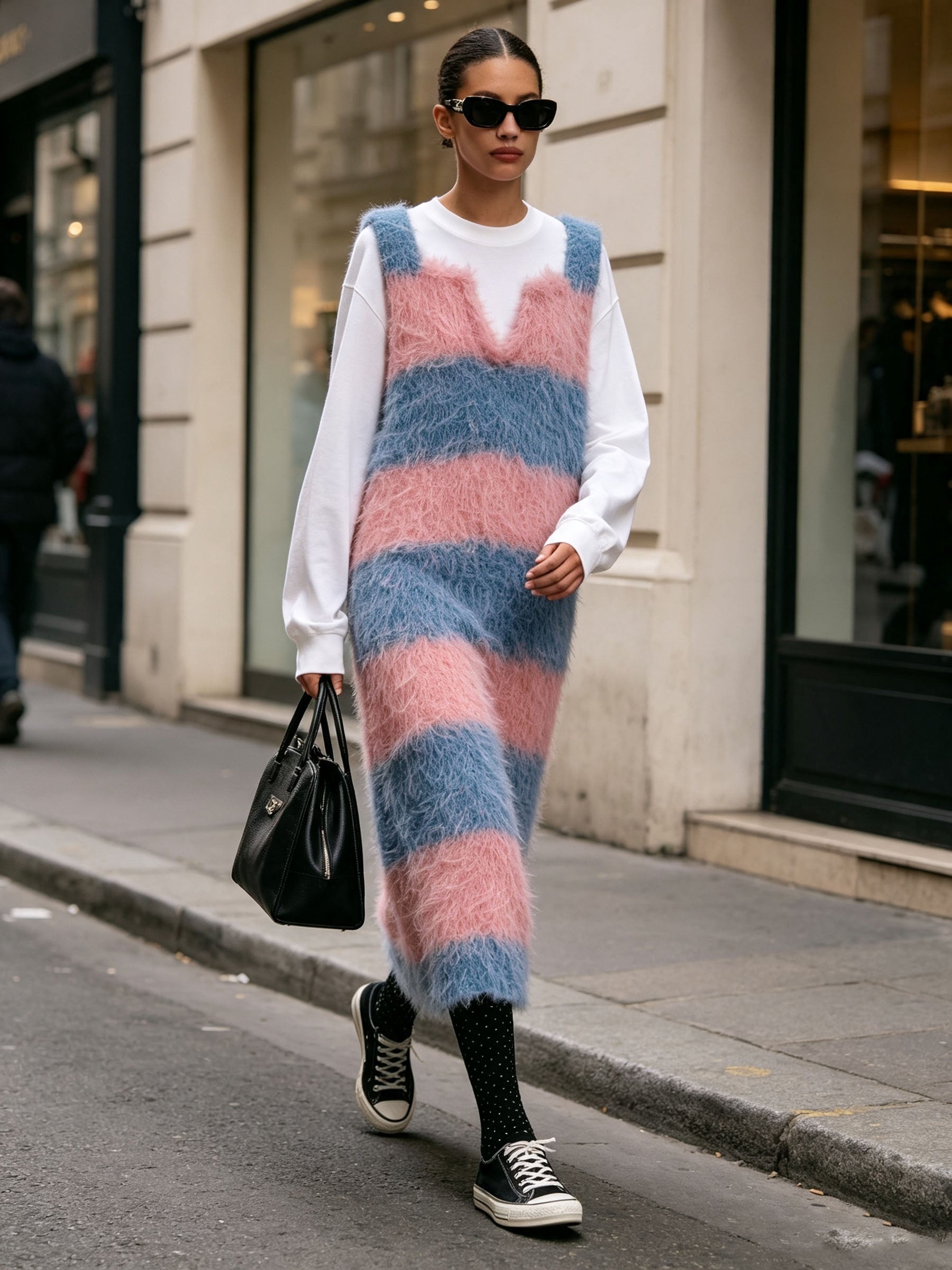 Pink Blue Striped Fuzzy Knit Sleeveless Midi Pinafore Dress