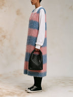 Pink Blue Striped Fuzzy Knit Sleeveless Midi Pinafore Dress