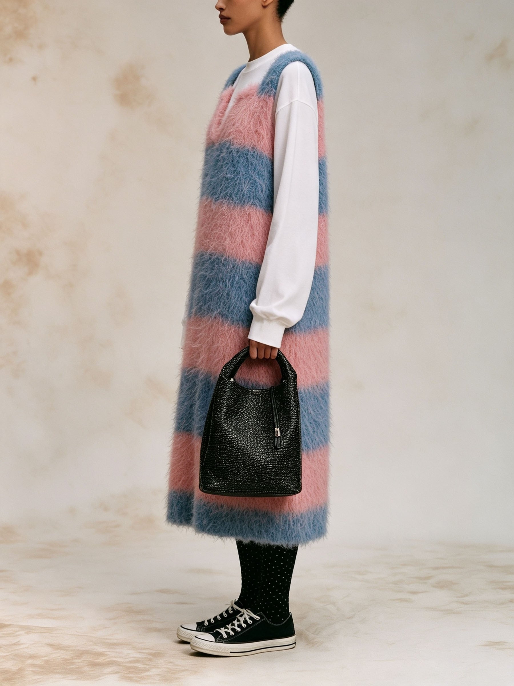 Pink Blue Striped Fuzzy Knit Sleeveless Midi Pinafore Dress