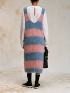 Pink Blue Striped Fuzzy Knit Sleeveless Midi Pinafore Dress
