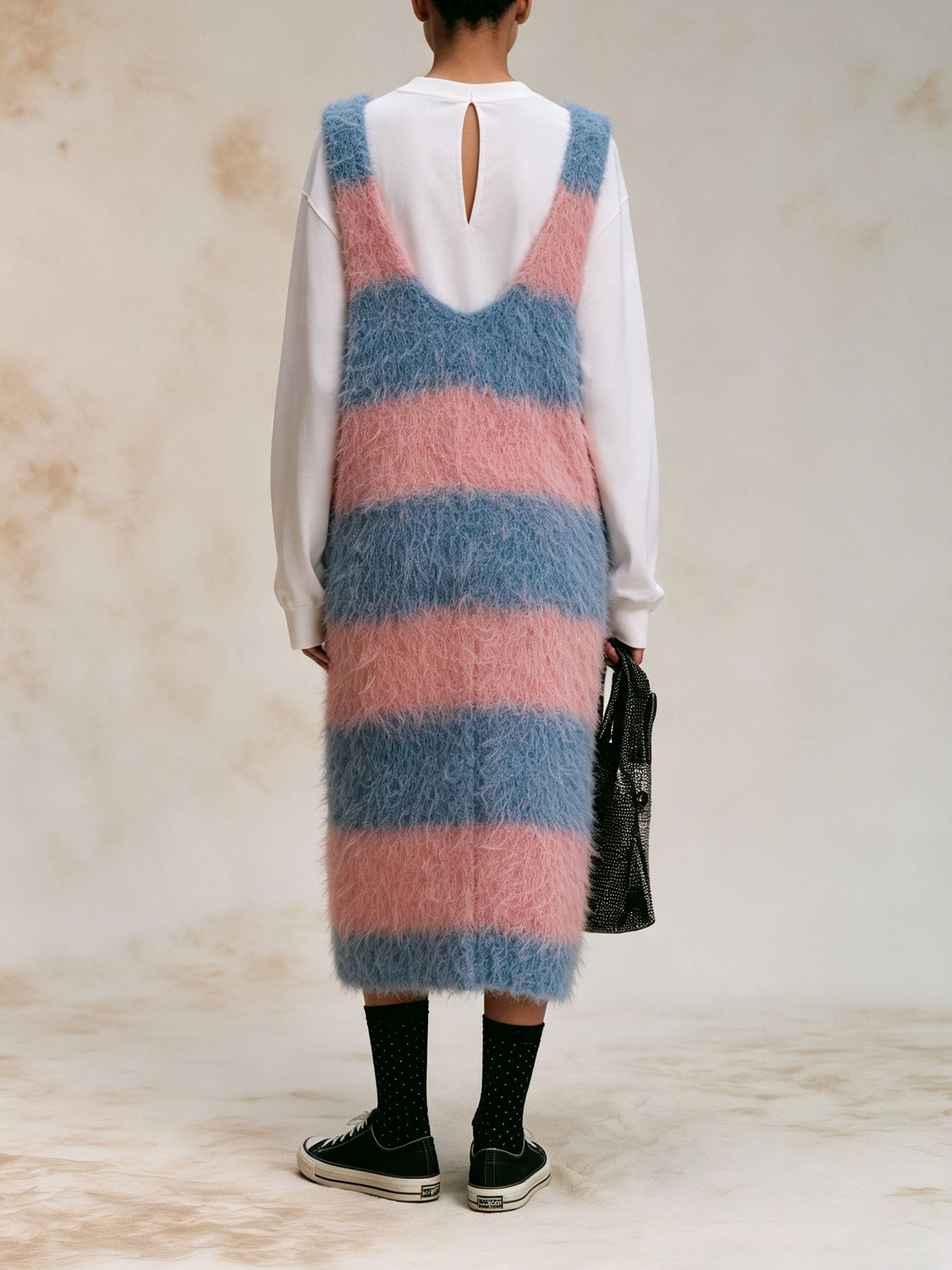 Pink Blue Striped Fuzzy Knit Sleeveless Midi Pinafore Dress