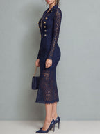 Retro Lace Long Sleeve Midi Dress with Gold Button Detail