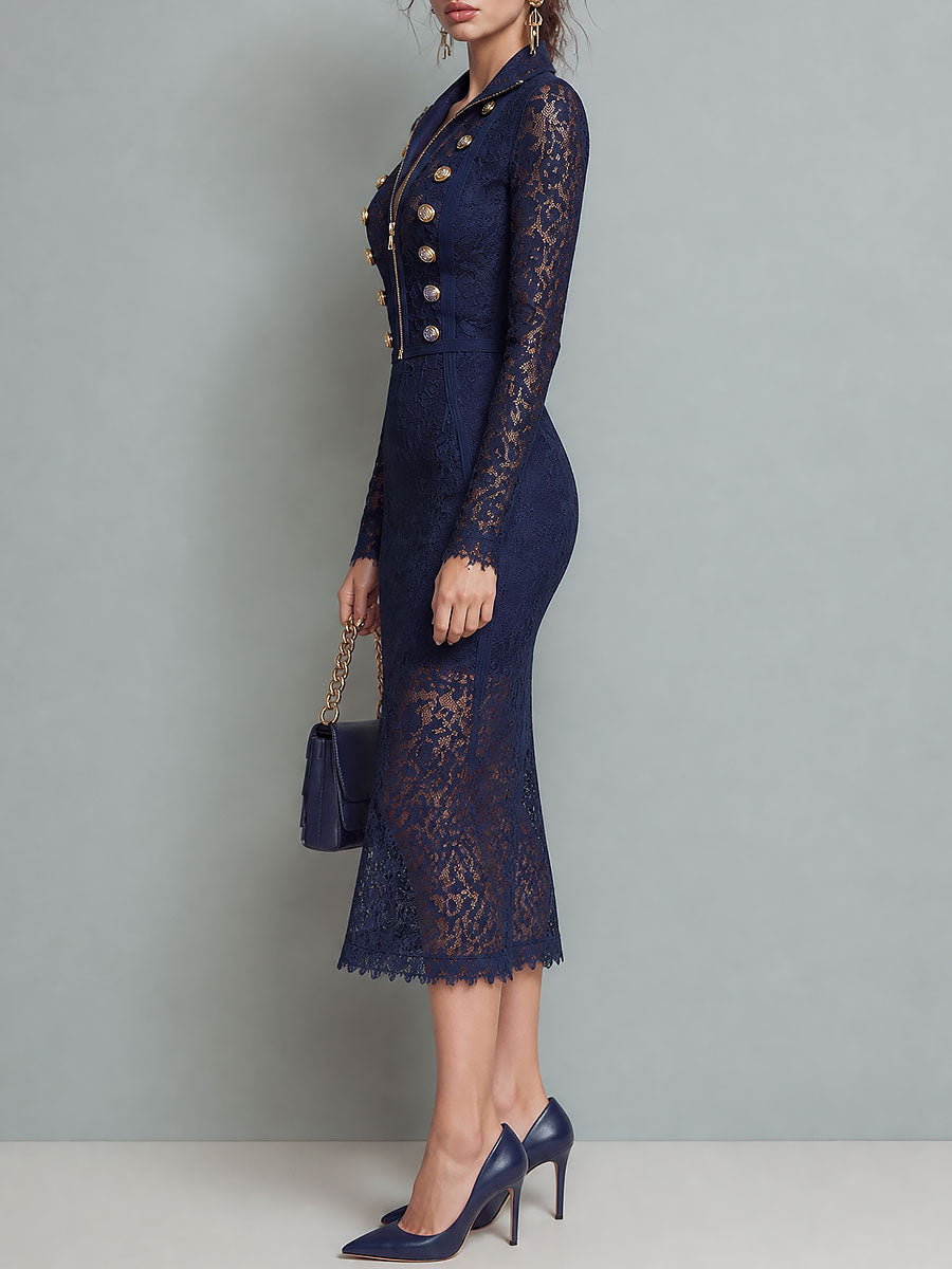 Retro Lace Long Sleeve Midi Dress with Gold Button Detail