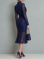 Retro Lace Long Sleeve Midi Dress with Gold Button Detail