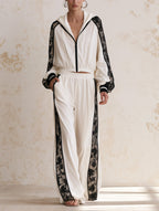 Lace Contrast Tracksuit Set – Women’s Hooded Jacket & Wide Leg Pants Two Piece Outfit