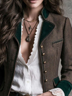 Vintage Country Herringbone Blazer With Velvet Collar Cuff