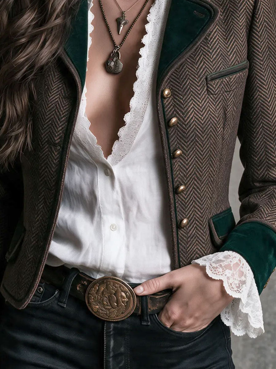 Vintage Country Herringbone Blazer With Velvet Collar Cuff