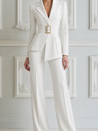 White Dress Belted Peak Lapel Blazer & Wide Leg Pants Suit Set