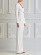White Dress Belted Peak Lapel Blazer & Wide Leg Pants Suit Set