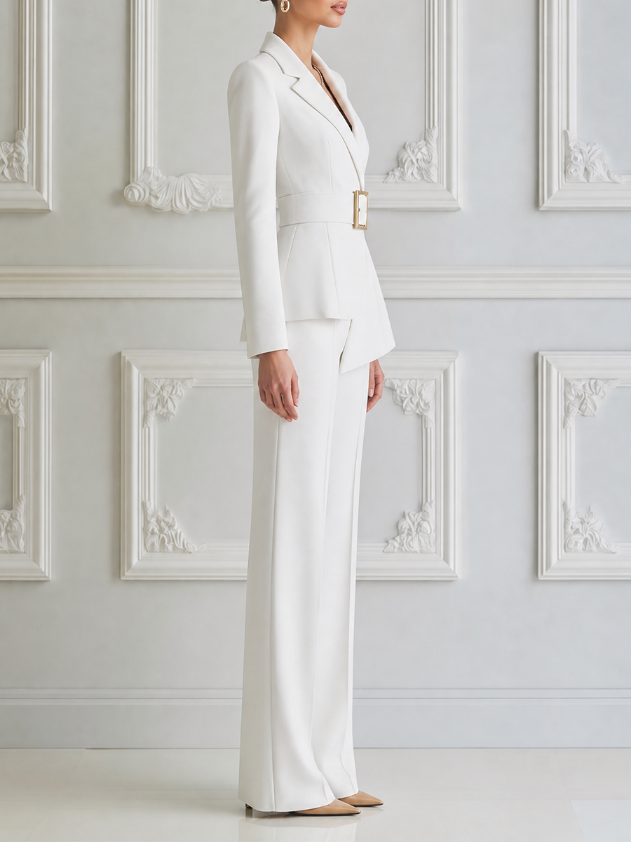 White Dress Belted Peak Lapel Blazer & Wide Leg Pants Suit Set
