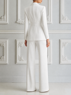 White Dress Belted Peak Lapel Blazer & Wide Leg Pants Suit Set