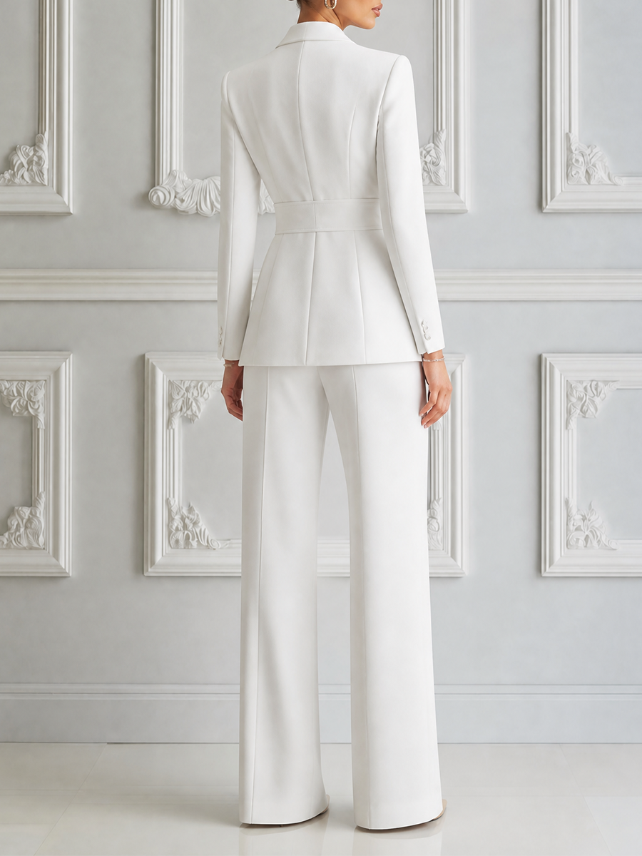White Dress Belted Peak Lapel Blazer & Wide Leg Pants Suit Set