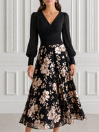 Wrap Bodice Floral Print Chiffon A-Line Midi Dress