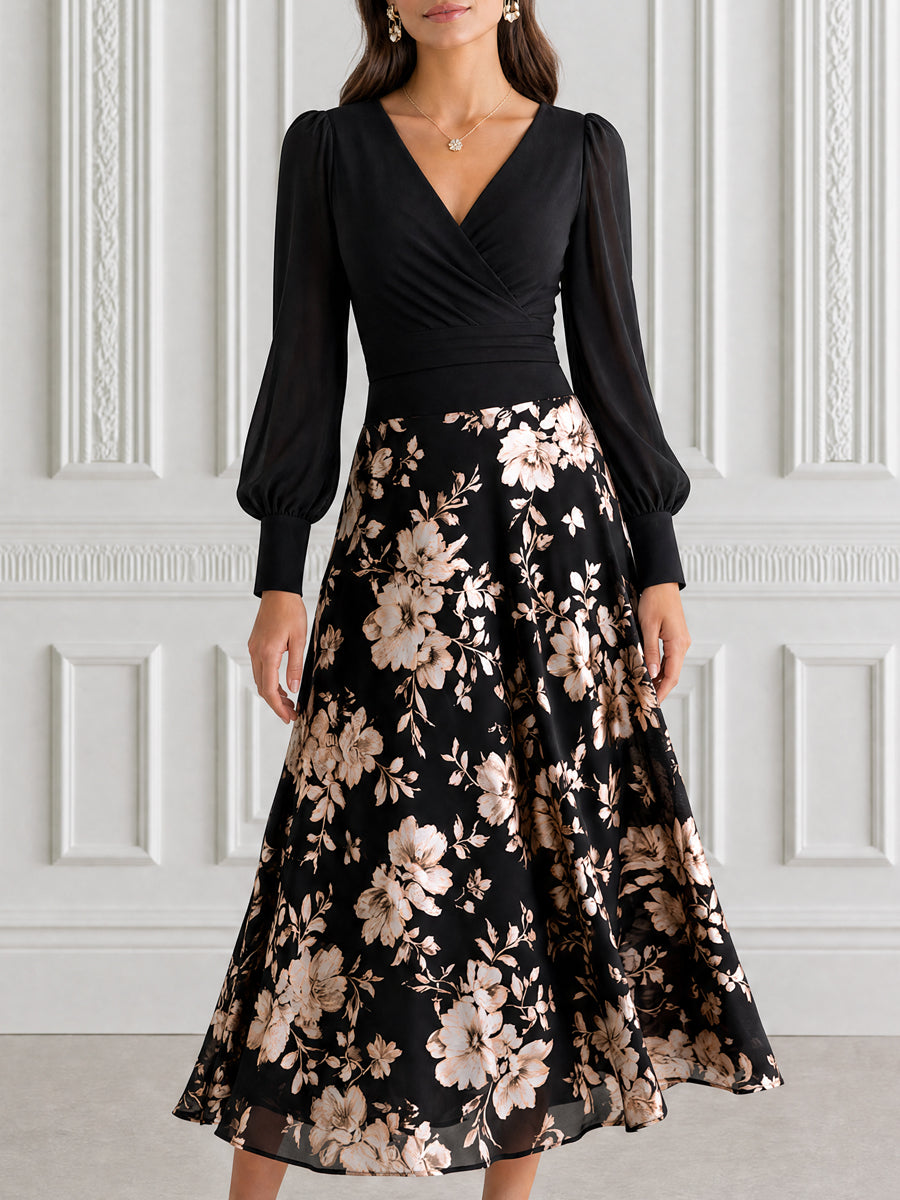 Wrap Bodice Floral Print Chiffon A-Line Midi Dress