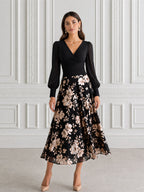 Wrap Bodice Floral Print Chiffon A-Line Midi Dress
