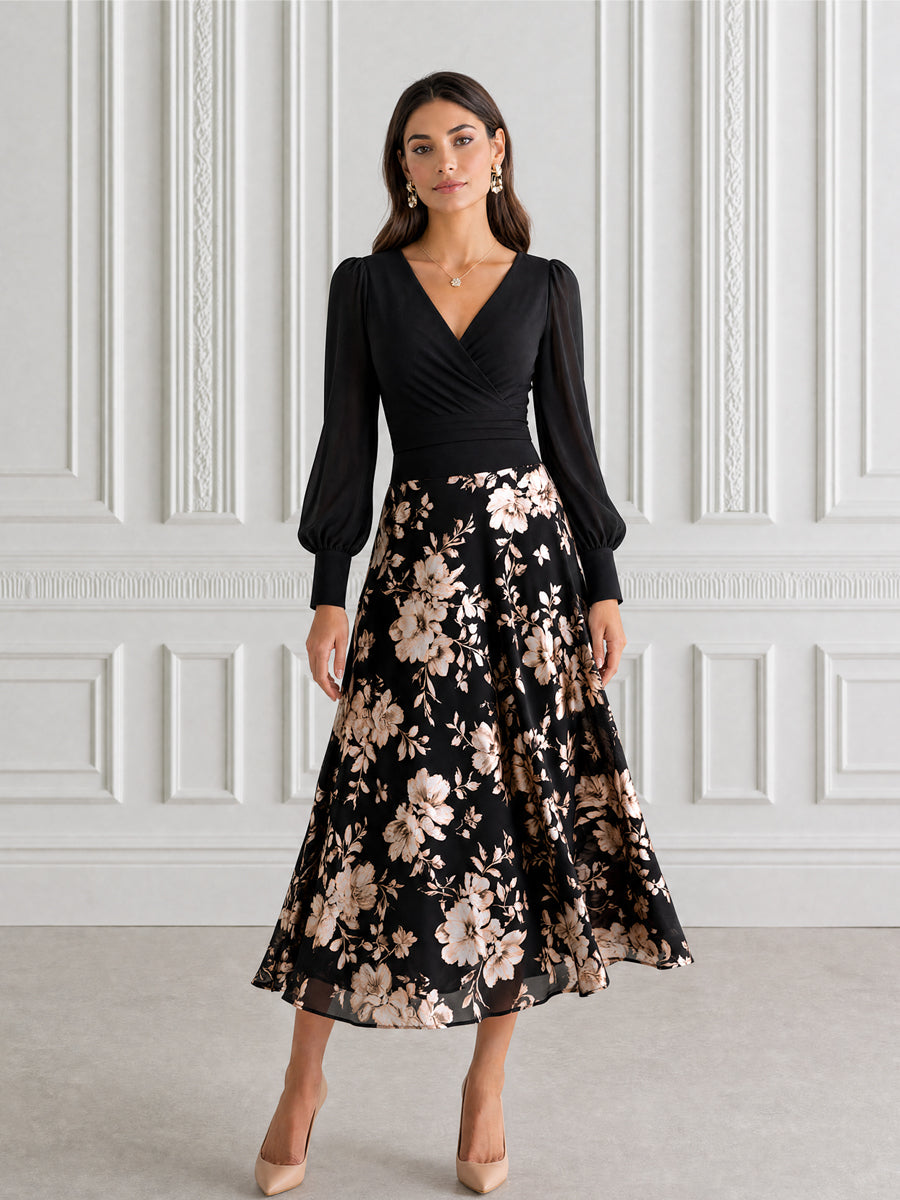 Wrap Bodice Floral Print Chiffon A-Line Midi Dress