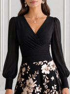 Wrap Bodice Floral Print Chiffon A-Line Midi Dress