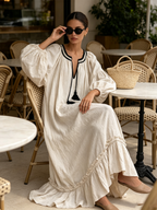 Cream Linen‑Blend Boho Tassel Tie Ruffled Hem Maxi Dress