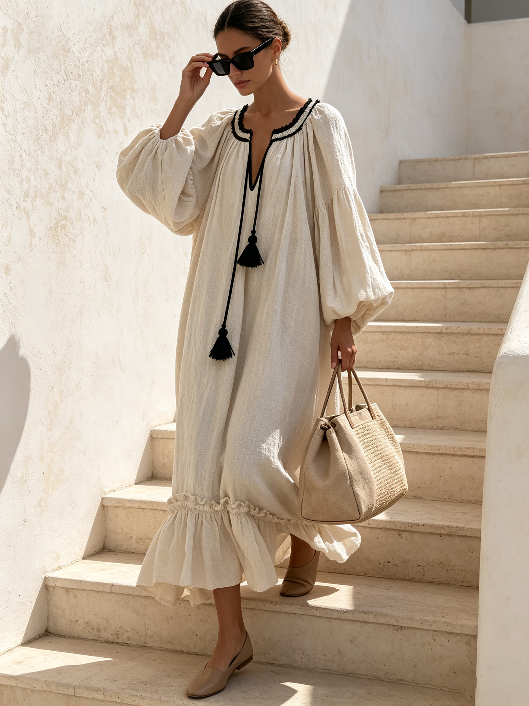 Cream Linen‑Blend Boho Tassel Tie Ruffled Hem Maxi Dress