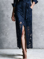 Elegant Navy Floral Lace Shirt Maxi Dress With Satin Slip Dress Two Piece