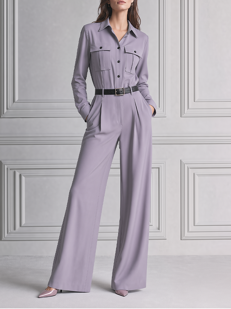 Lavender Fall Fashion Utility Shirt Wide Leg Jumpsuit