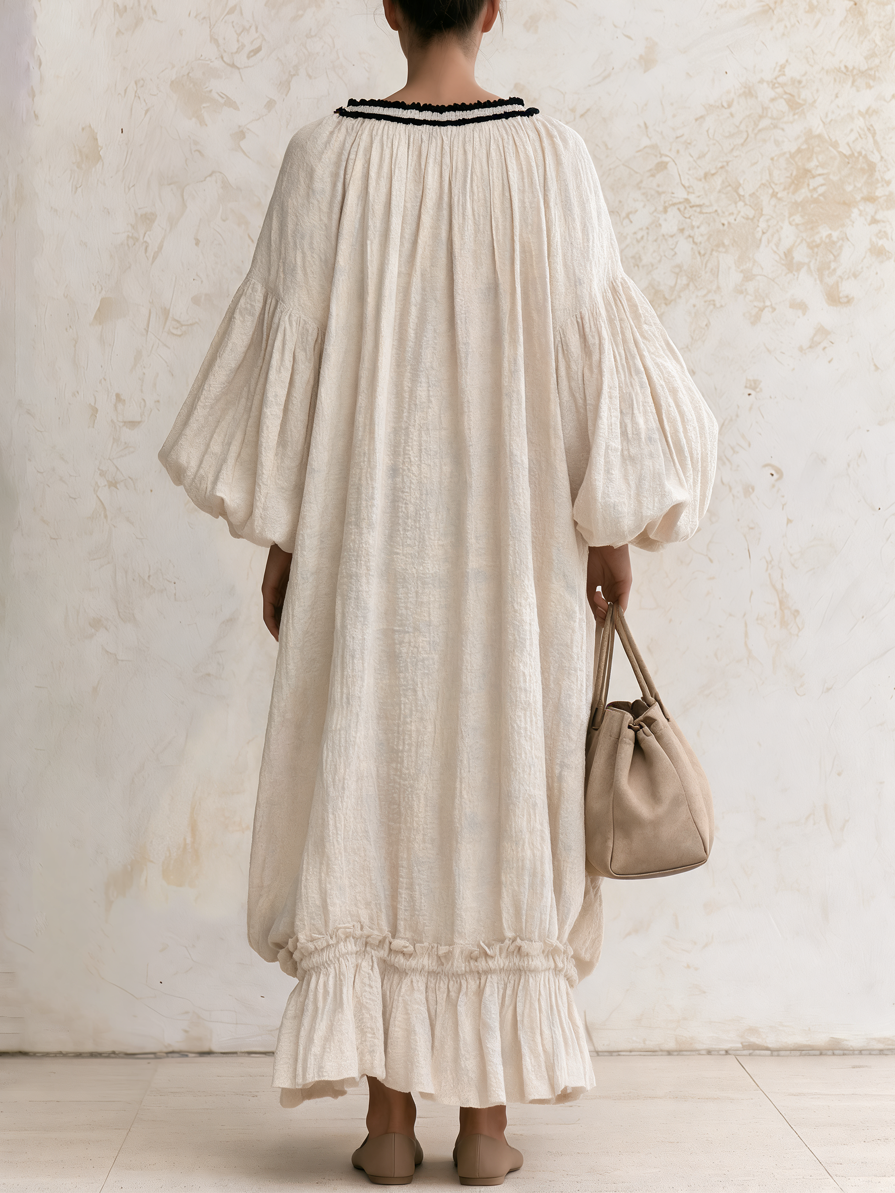 Cream Linen‑Blend Boho Tassel Tie Ruffled Hem Maxi Dress