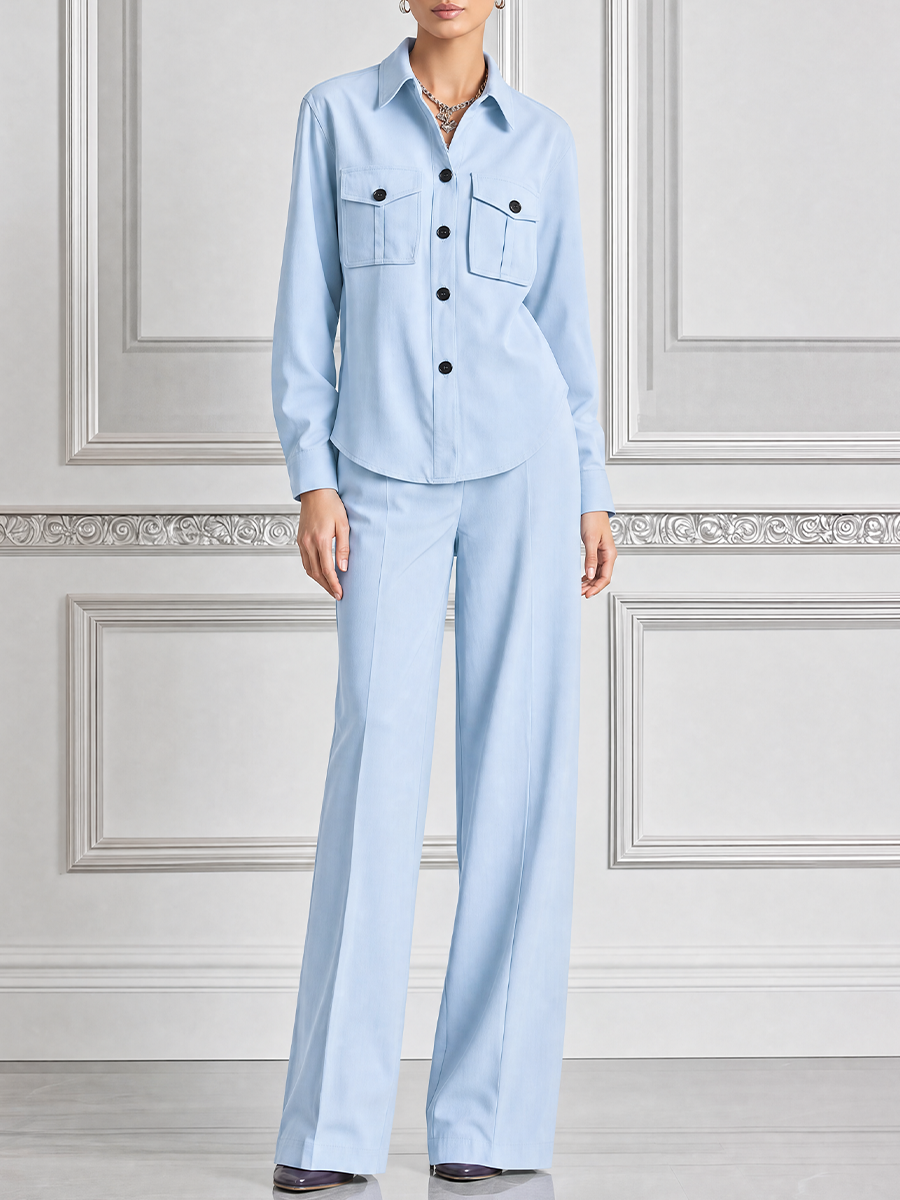 Light Blue Fall Fashion Utility Shirt & Wide Leg Pants Two-Piece Suit Set