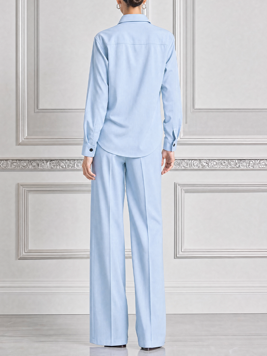 Light Blue Fall Fashion Utility Shirt & Wide Leg Pants Two-Piece Suit Set