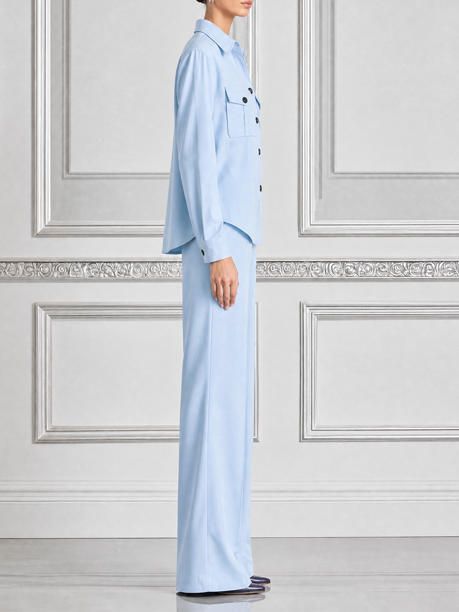 Light Blue Fall Fashion Utility Shirt & Wide Leg Pants Two-Piece Suit Set