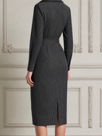 Charcoal Pinstripe Fall Fashion Belted Shirt Pencil Midi Dress