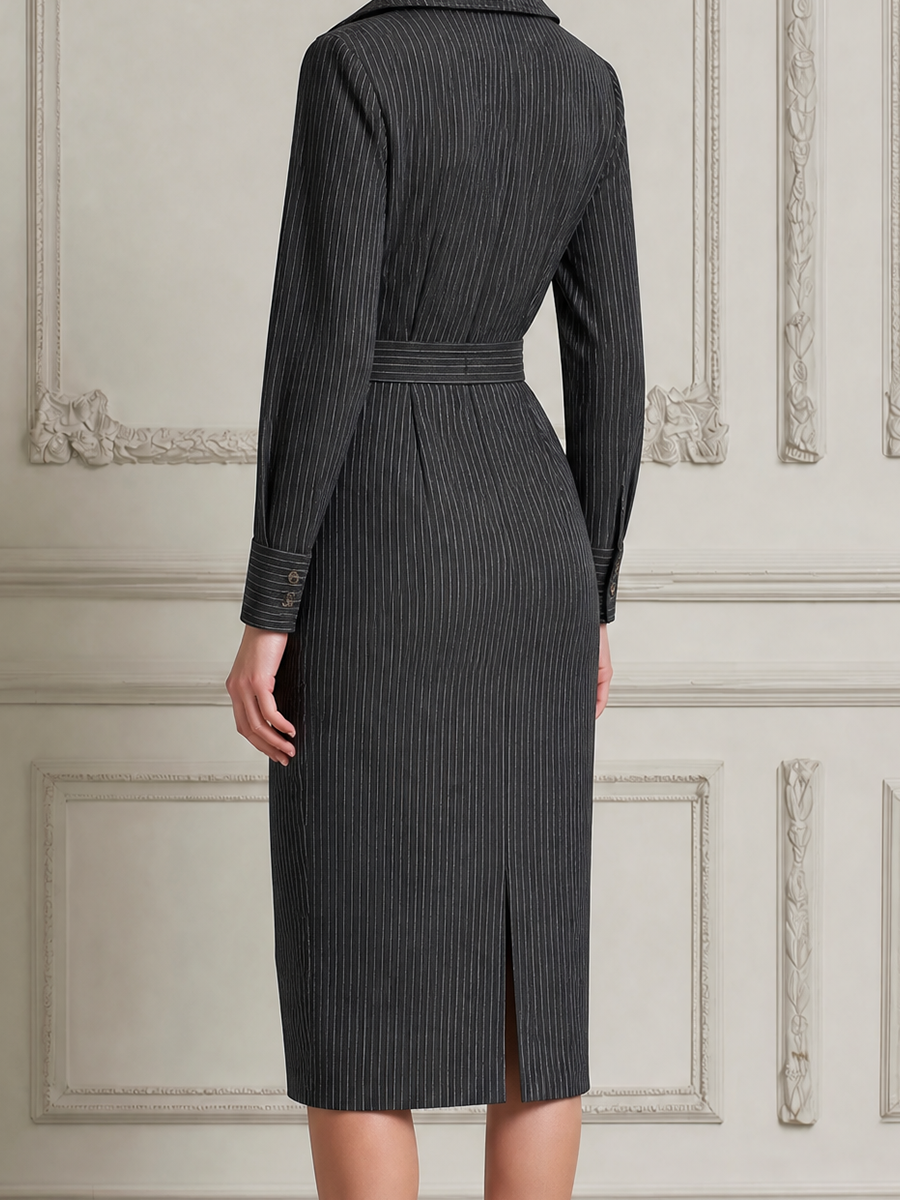 Charcoal Pinstripe Fall Fashion Belted Shirt Pencil Midi Dress