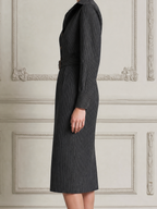 Charcoal Pinstripe Fall Fashion Belted Shirt Pencil Midi Dress