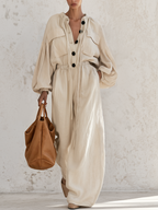 Cream Linen‑Blend Drawstring Collar Wide‑Leg Jumpsuit