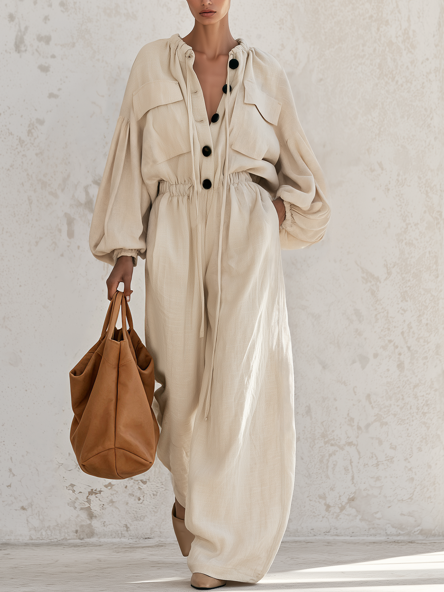 Cream Linen‑Blend Drawstring Collar Wide‑Leg Jumpsuit