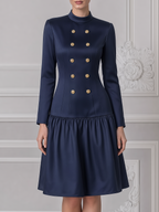 Navy Fall Fashion Stand Collar Gold Button Drop Waist A-Line Midi Dress
