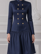 Navy Fall Fashion Stand Collar Gold Button Drop Waist A-Line Midi Dress