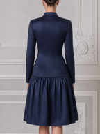 Navy Fall Fashion Stand Collar Gold Button Drop Waist A-Line Midi Dress