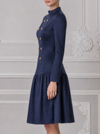 Navy Fall Fashion Stand Collar Gold Button Drop Waist A-Line Midi Dress