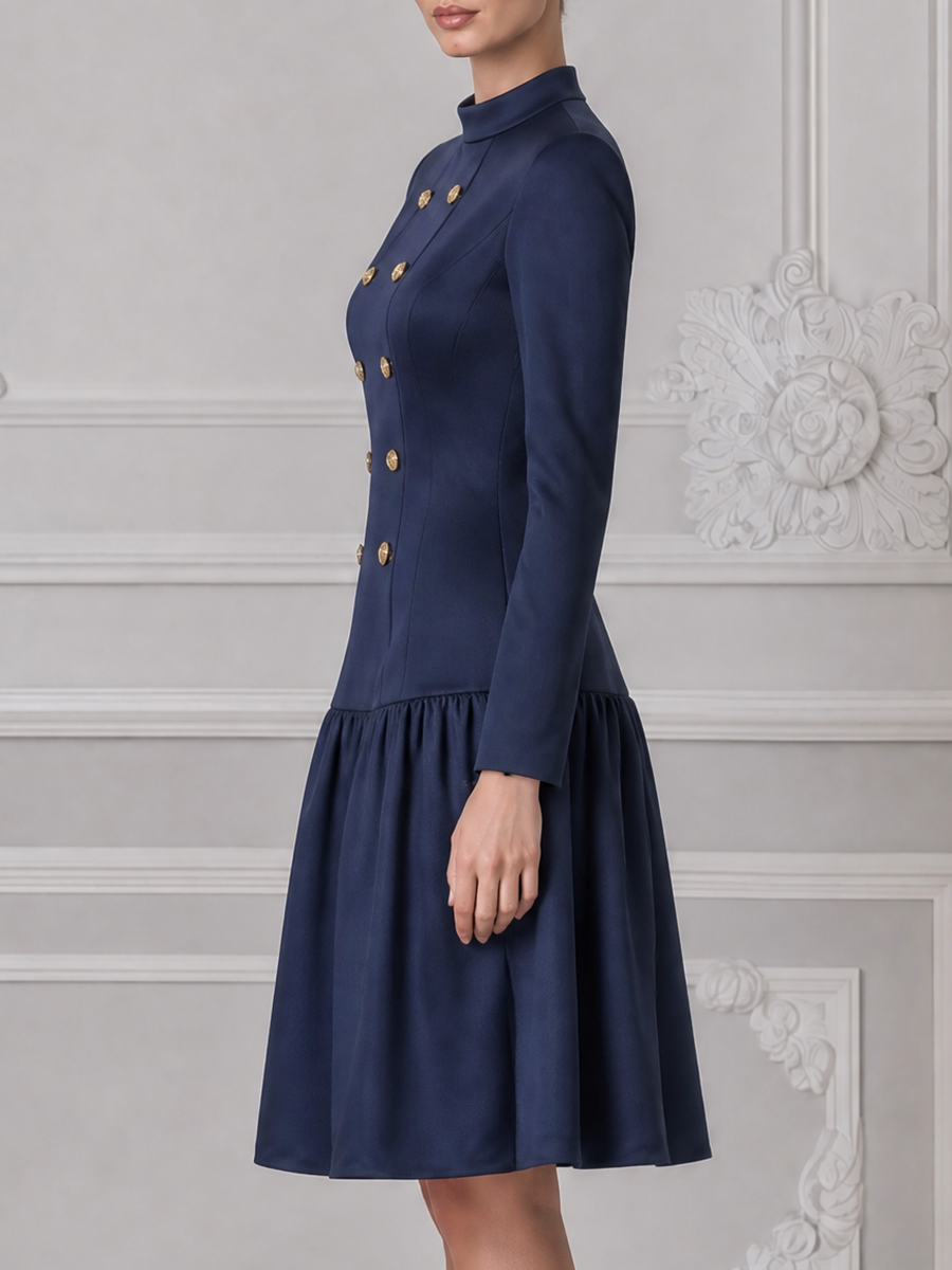 Navy Fall Fashion Stand Collar Gold Button Drop Waist A-Line Midi Dress