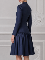 Navy Fall Fashion Stand Collar Gold Button Drop Waist A-Line Midi Dress