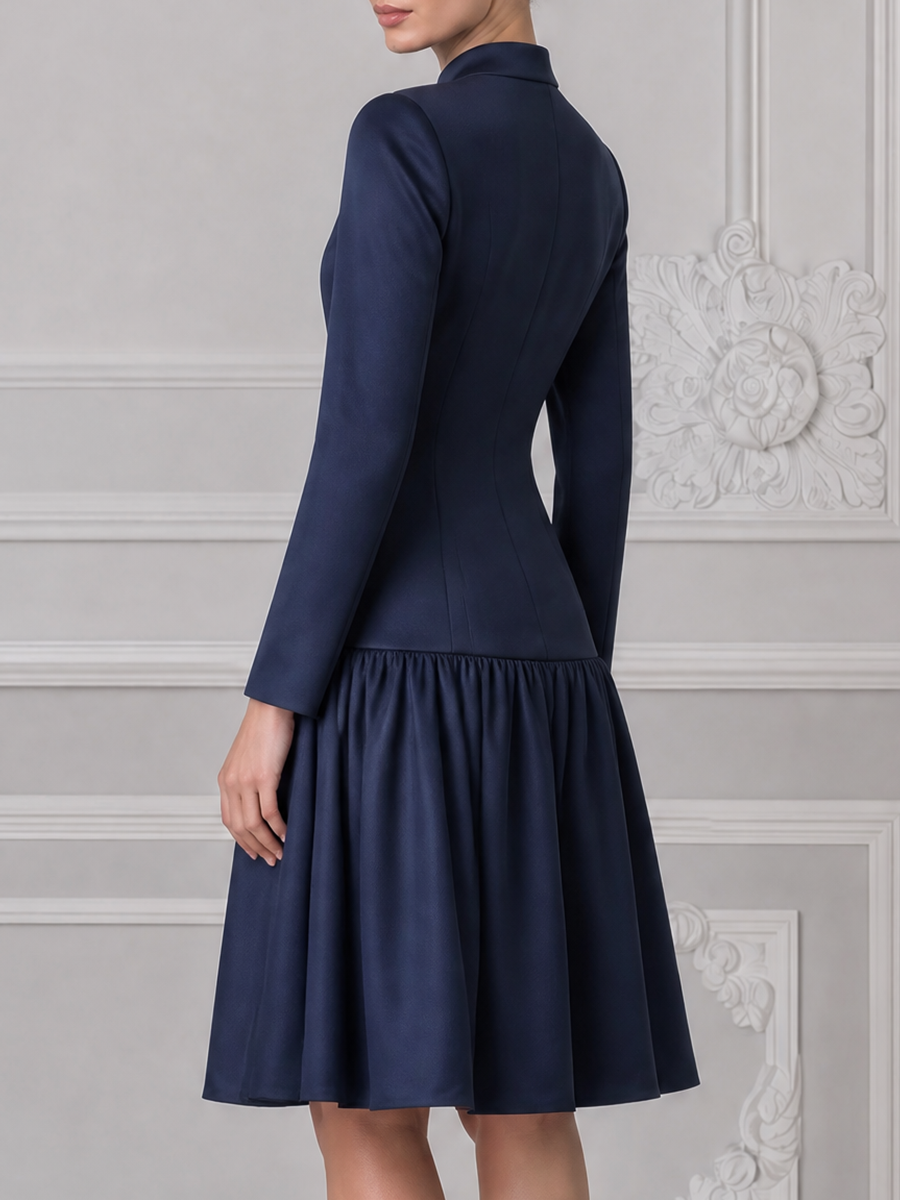 Navy Fall Fashion Stand Collar Gold Button Drop Waist A-Line Midi Dress