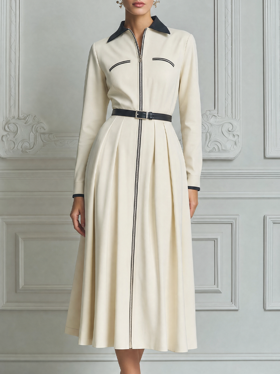 White Dress Fall Fashion Contrast Collar Zip Front Belted A-Line Midi Dress