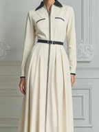 White Dress Fall Fashion Contrast Collar Zip Front Belted A-Line Midi Dress