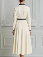 White Dress Fall Fashion Contrast Collar Zip Front Belted A-Line Midi Dress