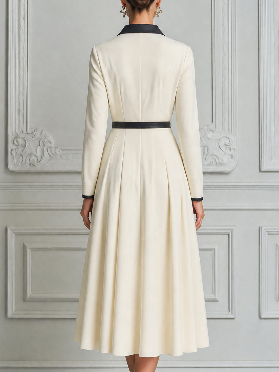 White Dress Fall Fashion Contrast Collar Zip Front Belted A-Line Midi Dress