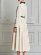 White Dress Fall Fashion Contrast Collar Zip Front Belted A-Line Midi Dress