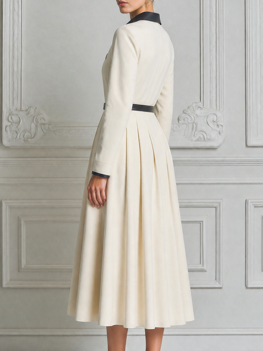White Dress Fall Fashion Contrast Collar Zip Front Belted A-Line Midi Dress