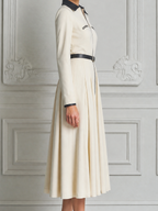 White Dress Fall Fashion Contrast Collar Zip Front Belted A-Line Midi Dress